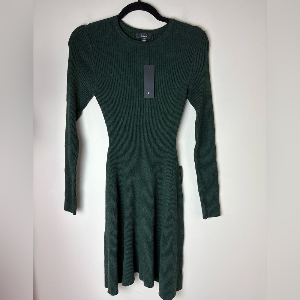 Lulus A-Line Skater Dress Womens M Green Rib Knit Stretch Casual Career NWT